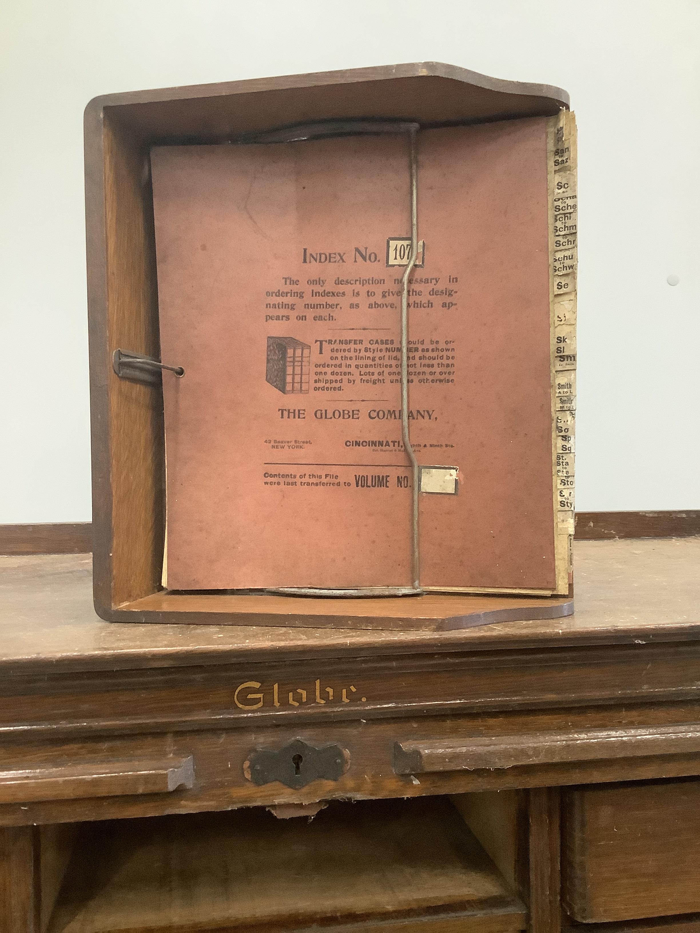 An early 20th century oak Globe Wernicke office filing cabinet with tambour front, width 106cm, height 104cm